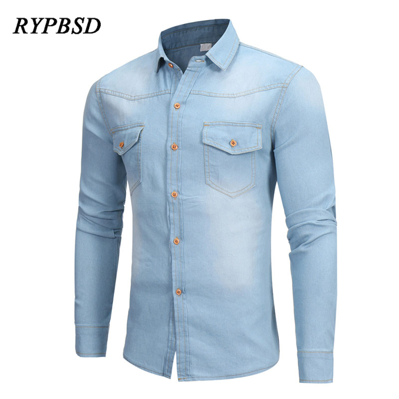 Jeansskjorta herr vår höst långärmad herr fritidsklänning jeanskjortor slim fit camisa masculina klassisk blå jeansskjorta