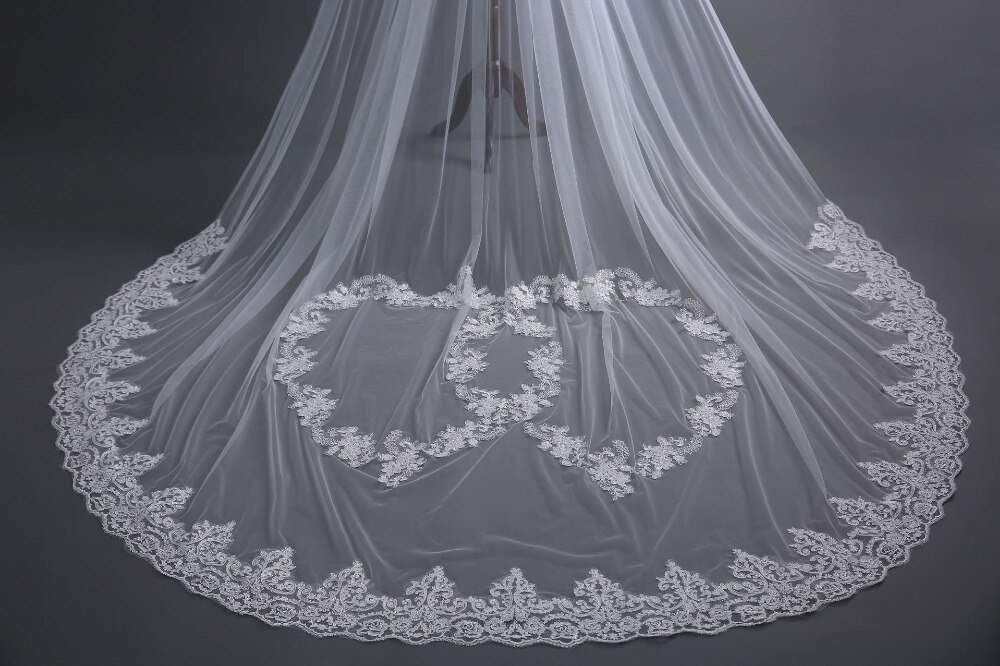 Voile de mariée dos en dentelle 3M | Motif amour, voile de mariage cathédrale avec peigne,