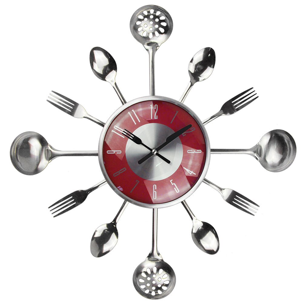 Large Cutlery Kitchen Wall Clock Medern Metal Kitchen Spoon Forks Wall Clocks Home Decor Wall Watch Horloge Murale: red