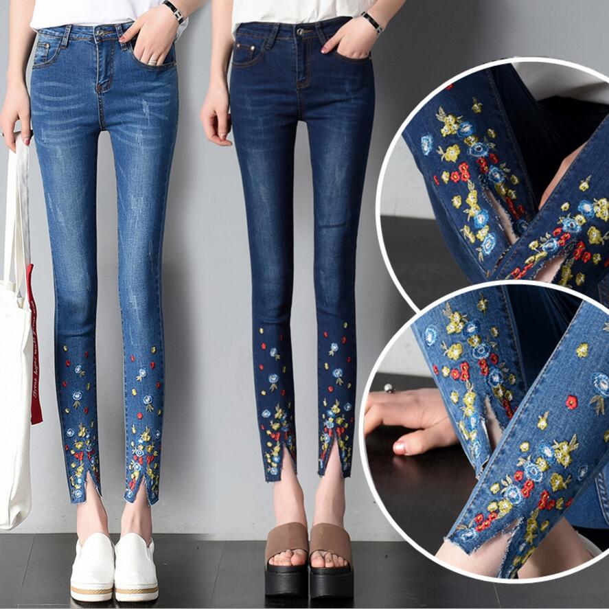 Borduurwerk Jeans Vrouwelijke Zomer Stijl Mode Borduren Was Dun Stretch Enkellange Broek Elasticiteit Kleine Jeans Vrouwen