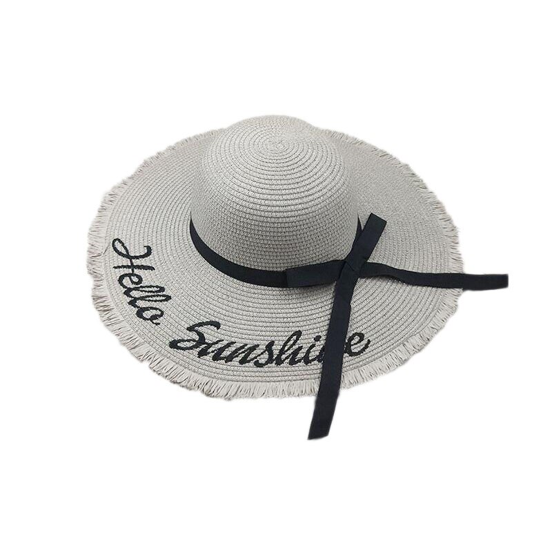 summer Hello Sunshine Sequin letter wide brim sun hats for women Beach vacation girls straw hat