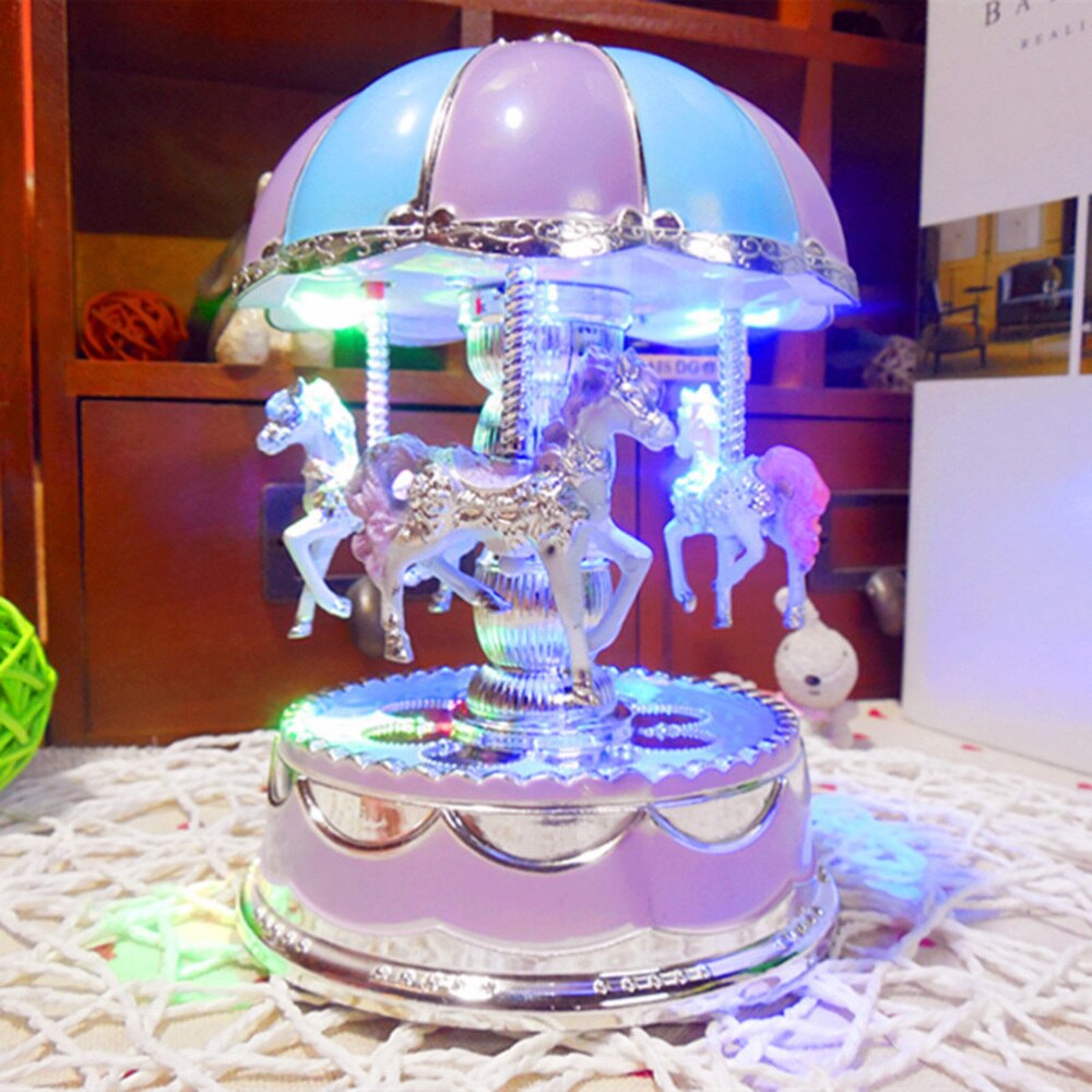 Luxe Carrousel Box 3 Paarden Draaien Led Licht Lichtgevende Rotatie (Paars)