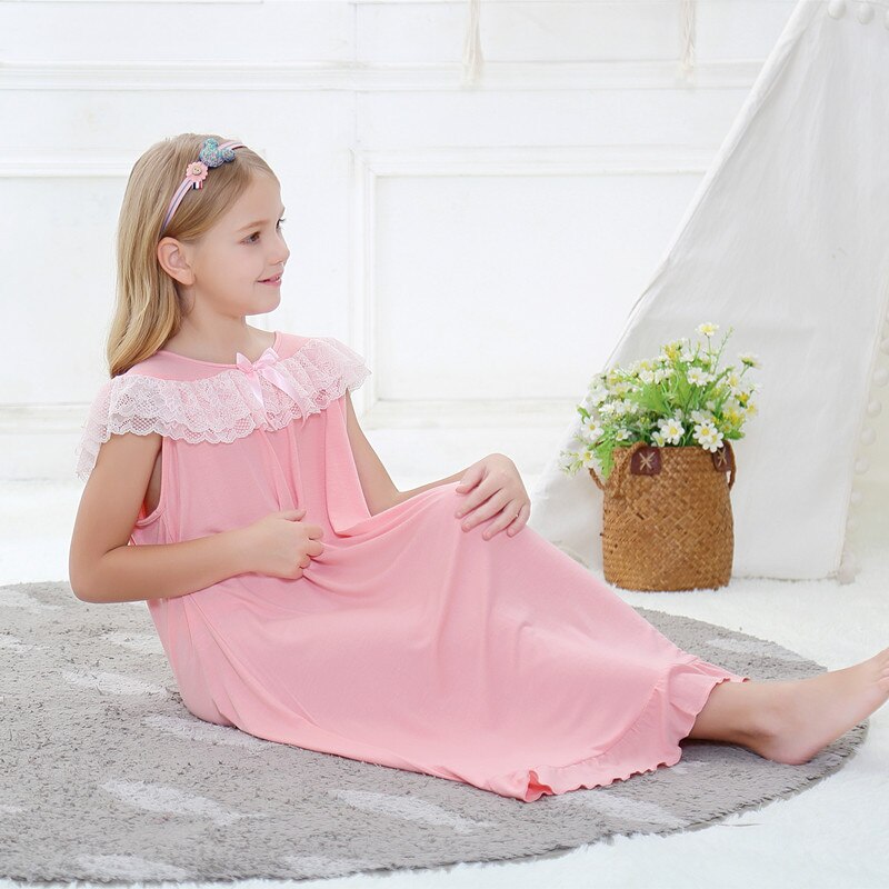 Kesätyttöjen pyjama mekko hihaton modaali prinsessa pitsi yöpaita yöpuvut vapaa-ajan topit tytöille pyjamat vestidos de noche: Vaaleanpunainen  -890 / 4t