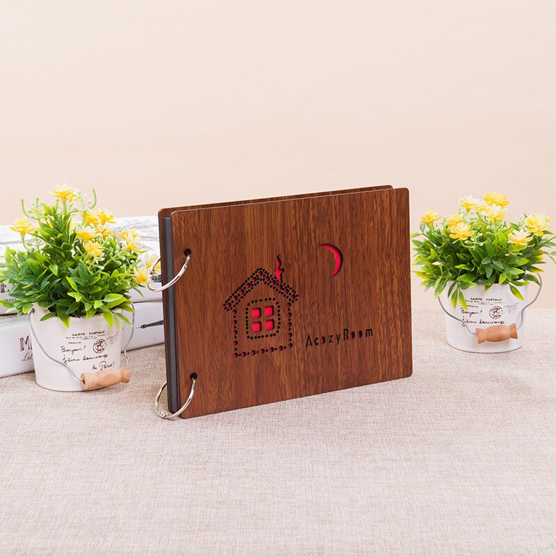 8 inch fotoalbum met houten omslag, liefdesherdenkingskaart, handgemaakt, losbladig houtsnijwerk, geplakt, doe-het-zelf plakboek, zwart vel, trouwalbum: Huis