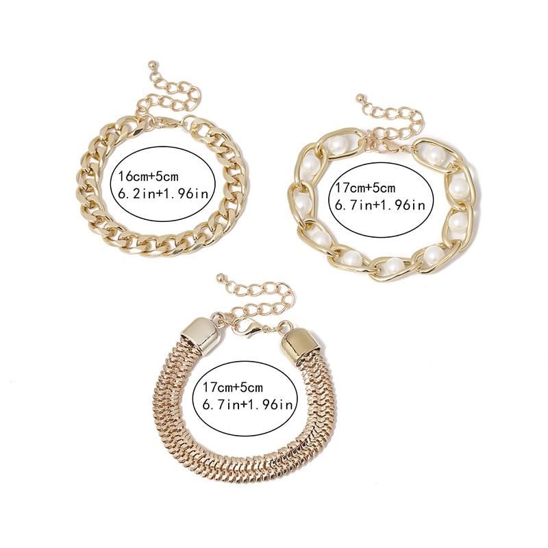 Lote de 3 unidades de pulsera gruesa cubana, brazalete grueso Punk Miami Curb, pulsera de perlas de imitación de Metal pesado, cadena para la muñeca, joyería