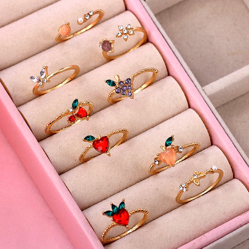 Shiny Crystal Fruit Vlinder Ringen Voor Vrouwen Meisjes Multicolor Cherry Aardbei Druif Ring Sieraden