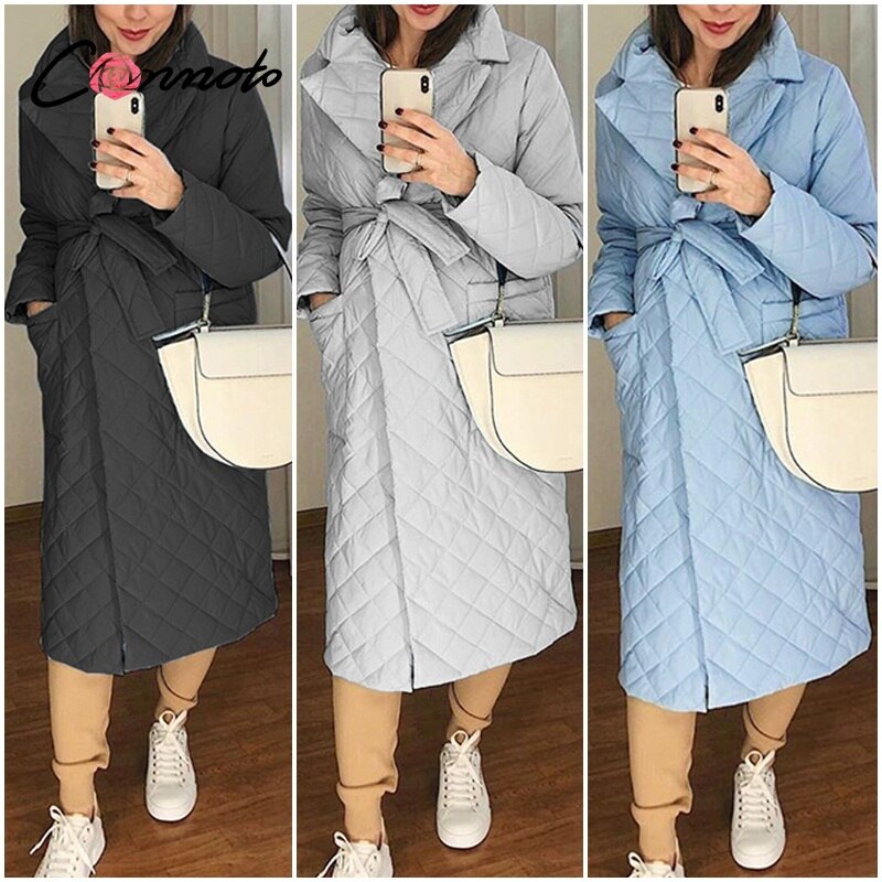 Conmoto Lange Rechte Jas Met Ruit Patroon Casual Sjerpen Vrouwen Winter Parka Diepe Zakken Maat Kraag Stijlvolle Bovenkleding