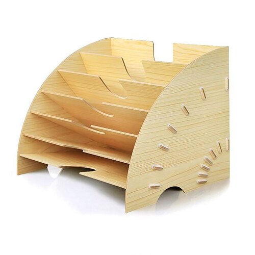 Files Rack Bookshelf Desktop Storage Box A4 File Holder Sector Wooden Multi-Layer Desk Sorting Rack Office Supply Organize Shelf: Light-Yellow