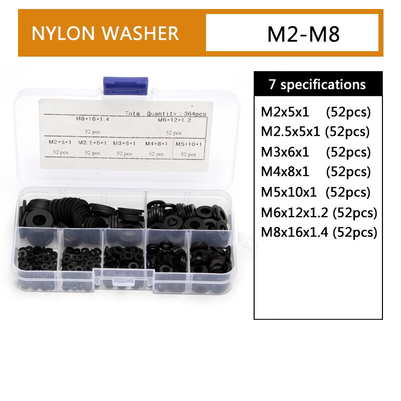 364 Uds negro arandela de Nylon junta plana de sellado de plástico O anillos Kit de surtido de M2 M2.5 M3 M4 M5 M6 M8 conexión protección lavadora: M28NLH204 x1