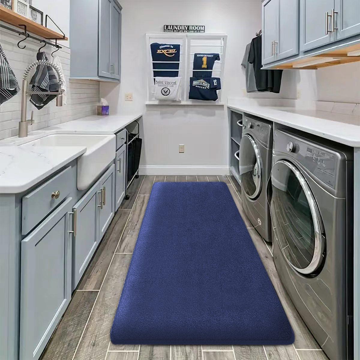 Thickened absorbent laundry room floor mat flannel quick-drying non-slip foot mat thickened long strip kitchen mat bathroom mat: 1000mmx1000mm / Blue