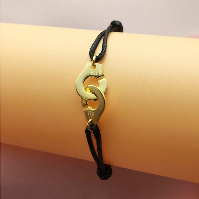 France Popular 925 Sterling Silver Handcuff Bracelet For Women With Black Rope 925 Silver Bracelet Menottes Only 925 Stamp: Yellow Color