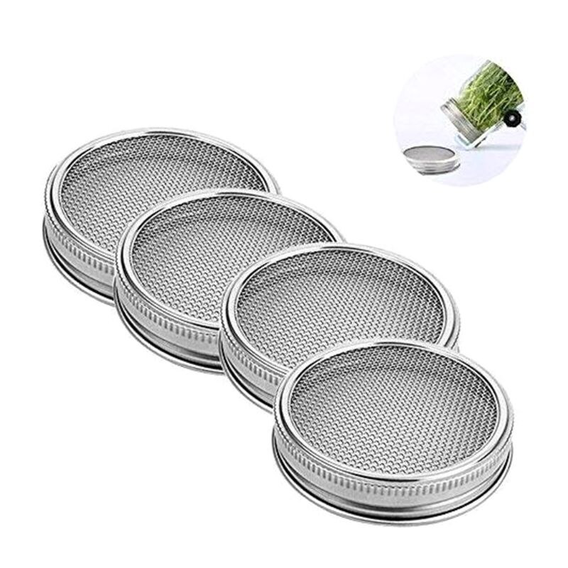 Tapas de germinador de semillas, cubierta de malla de filtro de acero inoxidable 304, colador de pantalla para frascos de enlatado de boca ancha, 4 unids/set por juego