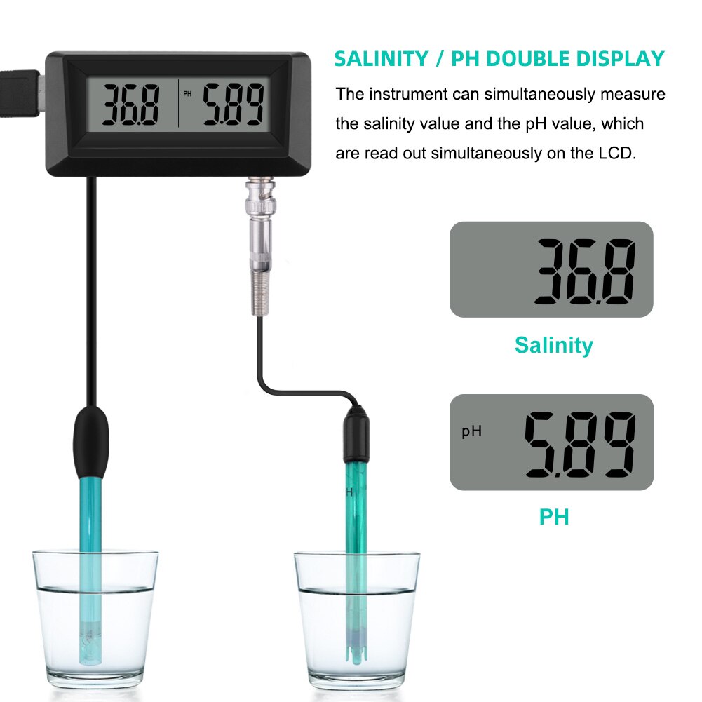 Monitor de PH y salinidad en línea, medidor de ph 2 en 1 y comprobador de salinidad para acuario, piscina, spa, agua de mar, hortícola del agua