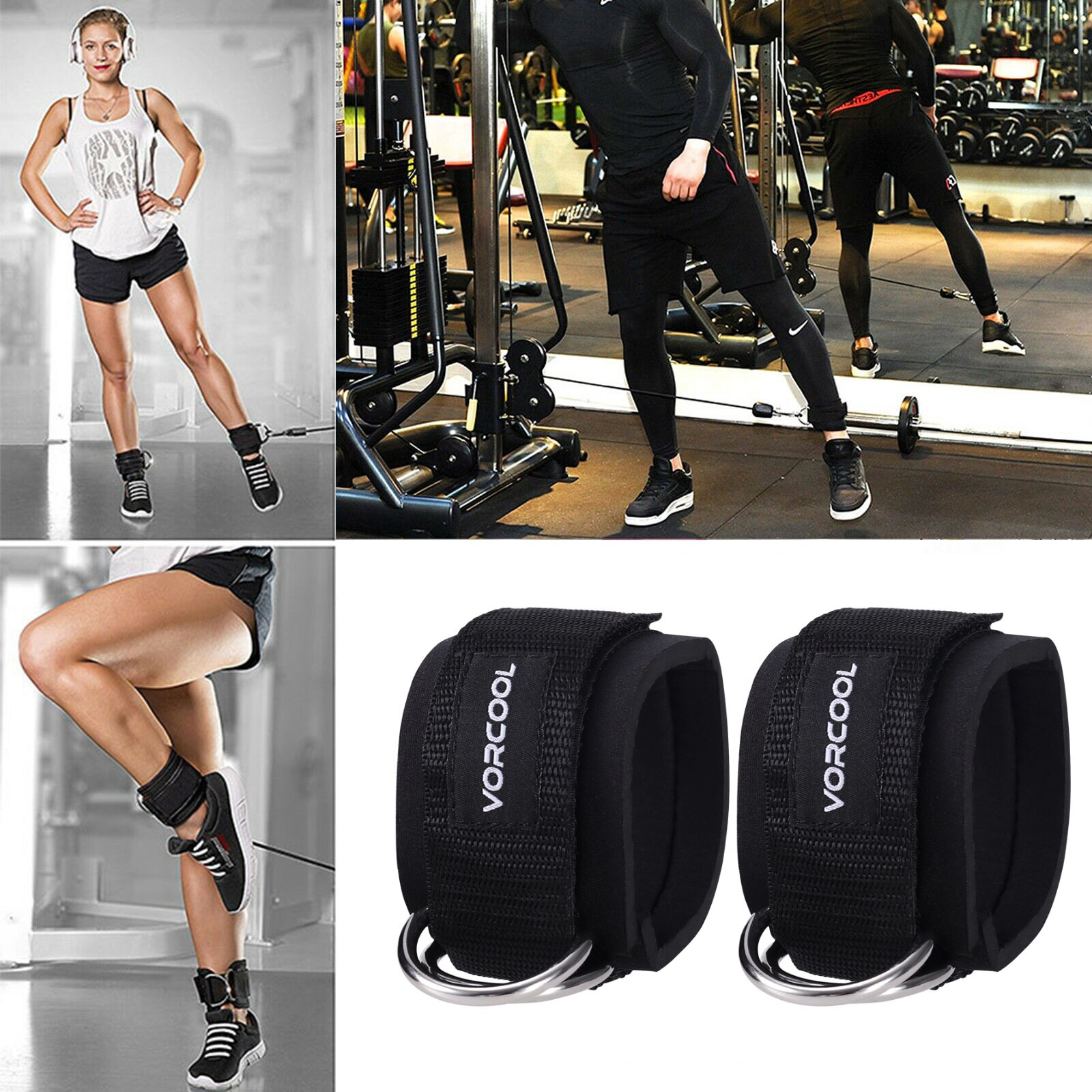 Vorcool 2 stück gepolsterte knöchelmanschetten mit d-Ring für fitnessstudio-Trainingseinheiten, kabelzugmaschinen und beinübungen mit tragetasche (schwarz)