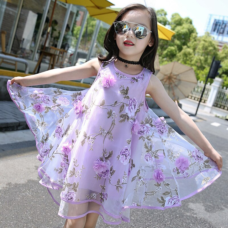 Summer Sleeveless Dresses For Baby Girls Flower Princess Vestidos Children's Casual Floral Clothing Toddler Outfits 4-10Y: Purple / 160