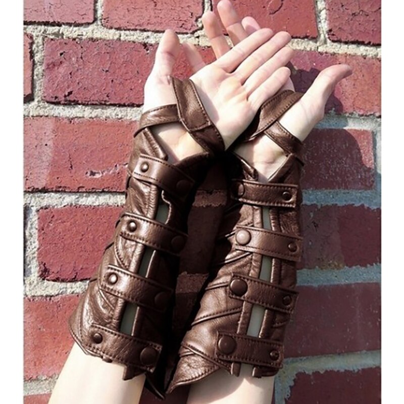 Steampunk gotyk skórzana skala Karwasz bez palców długie rękawiczki mankiety rękawica średniowieczny pancerz rękawica łucznik kostium dla mężczyzn kobiety