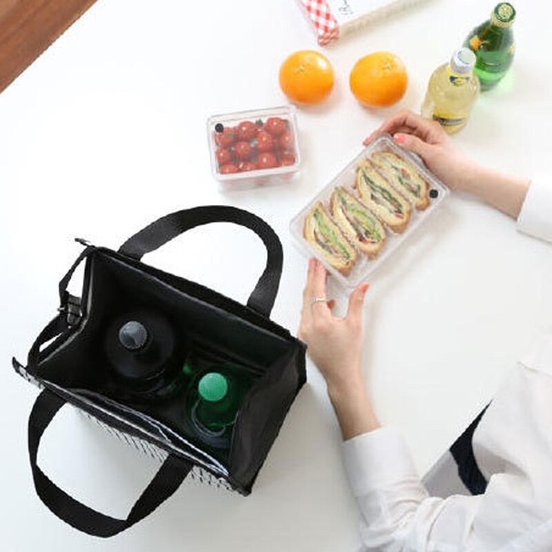 Simple Striped Daily Picnic Picnic Bag Portable Insulation Lunch Bag Hand Bag Black