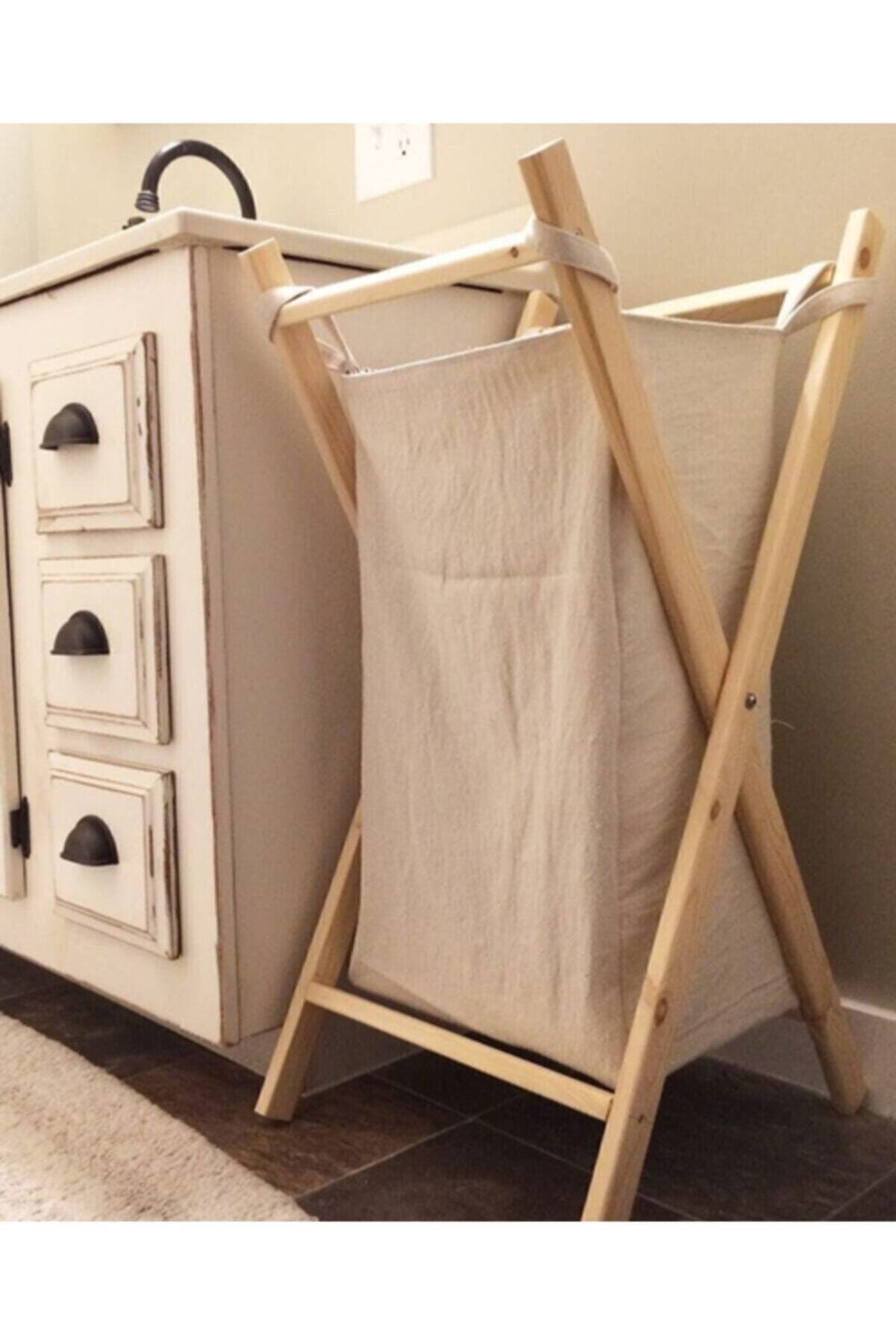 Beige Wooden Decorative Rustic Laundry Basket Dirty Laundry Folding Large Capacity Clothing Storage Bucket Home Organizer: Cream