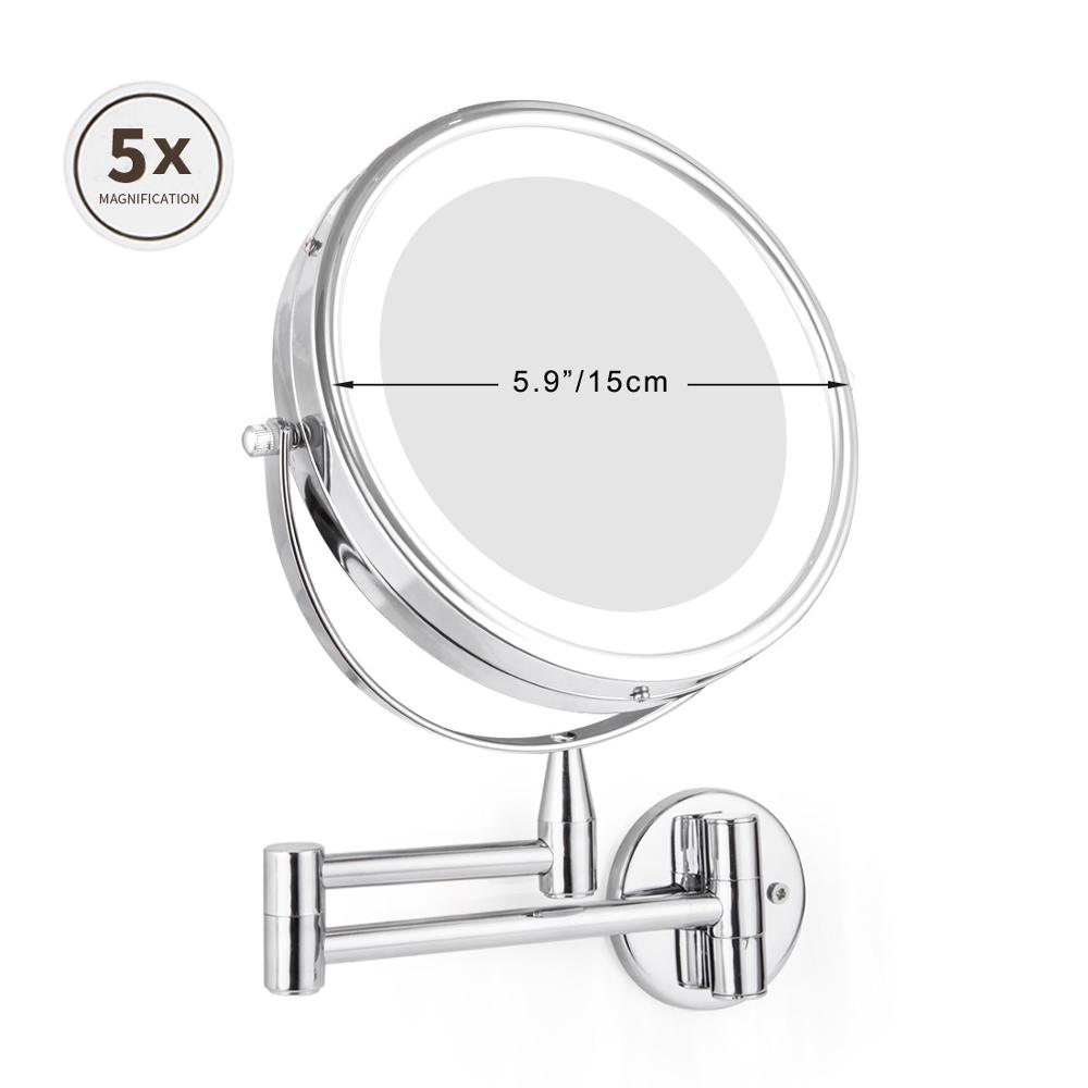 Badeværelse ledet makeup spejl 1x/3x 5x 7x forstørrelse vægmonteret justerbart arm spejl dobbelt arm udvide 2- ansigt kosmetiske spejl: 5x   d15cm