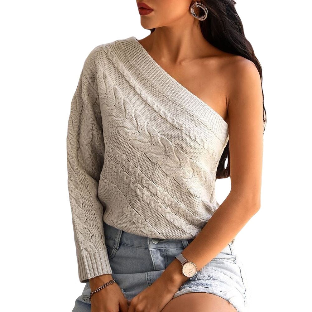 Women Off Shoulder Knitted Sweater Chunky Slouchy Lightweight Pullover Loose Fit Long Sleeve One Shoulder Jumper Tunic Tops