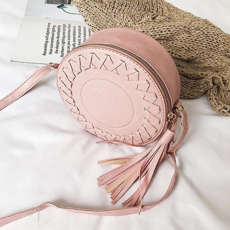 YOUHUAGUO Women shoulder bag round Weave bag female handbag small crossbody bags for Girls PU leather tassel purse: pink