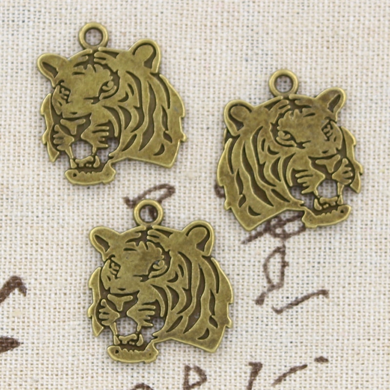 8 piezas de amuletos cabeza de tigre rugiente 27x24mm colgante hecho a mano, bronce tibetano Vintage, DIY para collar de pulsera