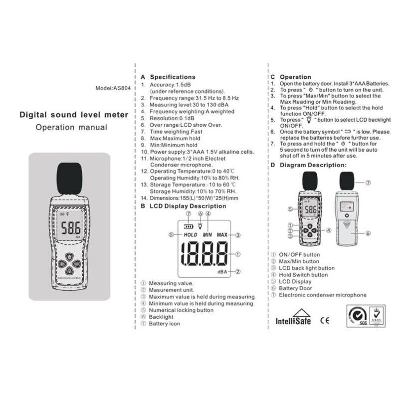 AS804 Medidor de nivel de sonido Digital 30-130db medidor de decibelios RUIDO DE SEGUIMIENTO DE