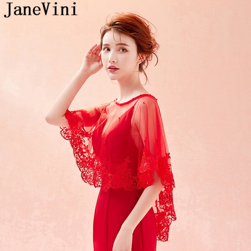 JaneVini Summer Red Lace Bridal Wraps Shawl Bolero Women Coprispalle Tulle Wedding Shawl Boleros Beaded Party Jackets