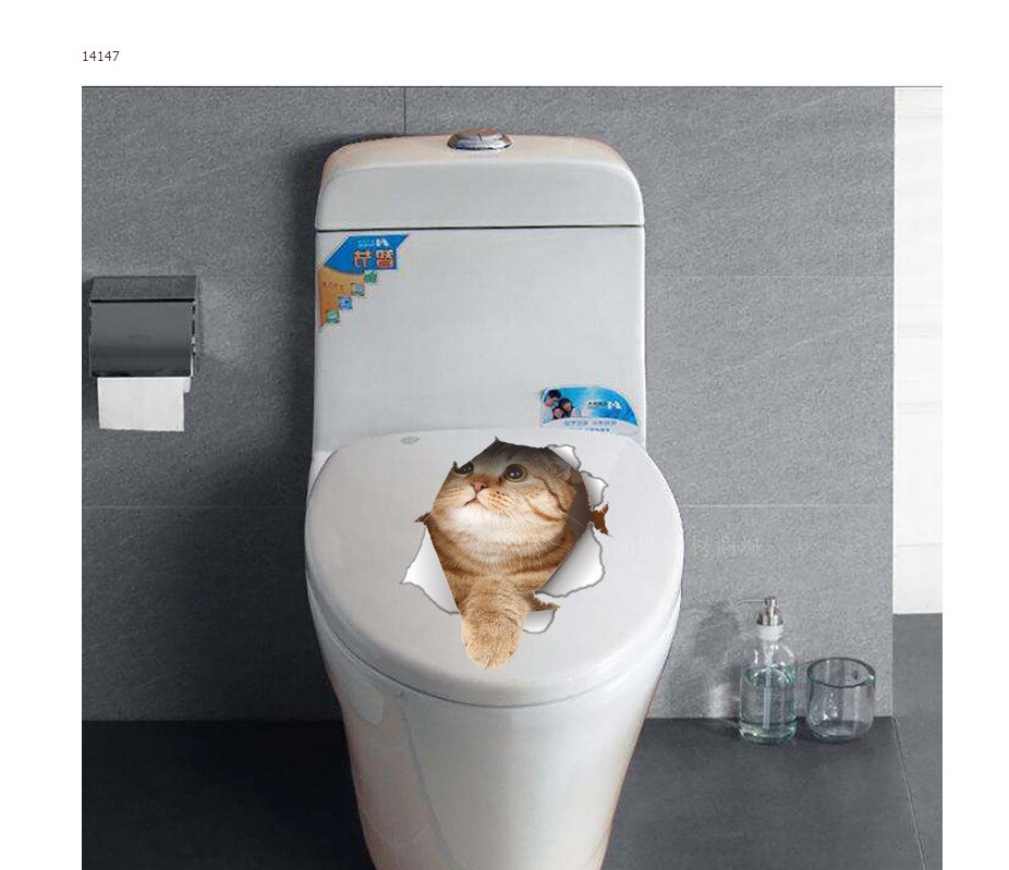 Katte 3d væg klistermærker toilet klistermærker hul visning levende hunde badeværelse til boligindretning dyr vinyl klistermærker kunst klistermærke plakat: D
