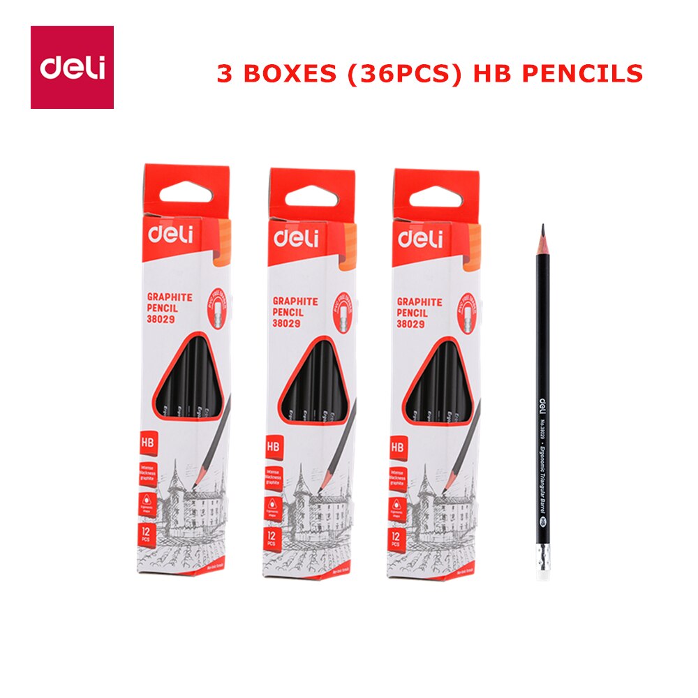 Deli-lápices escolares triangulares preafilados HB/2B, lápices con goma de plomo negro, madera, grafito, papelería escolar, 38029: HB-36 PENCILS