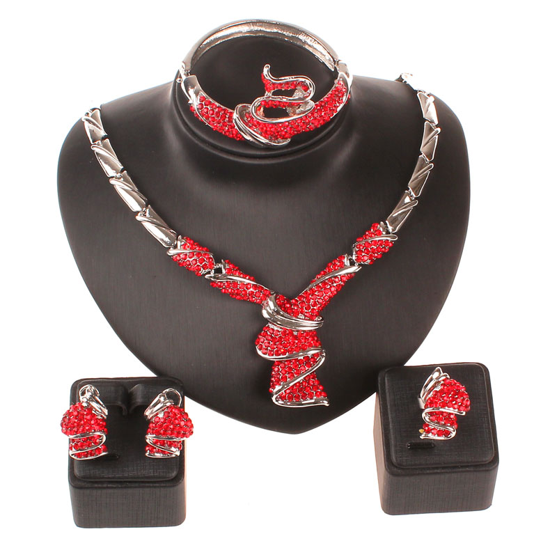 Afrikaanse kraal sieraden voor vrouwen party accessoires verzilverd Rode Strass Bruiloft ketting oorbel sieraden sets