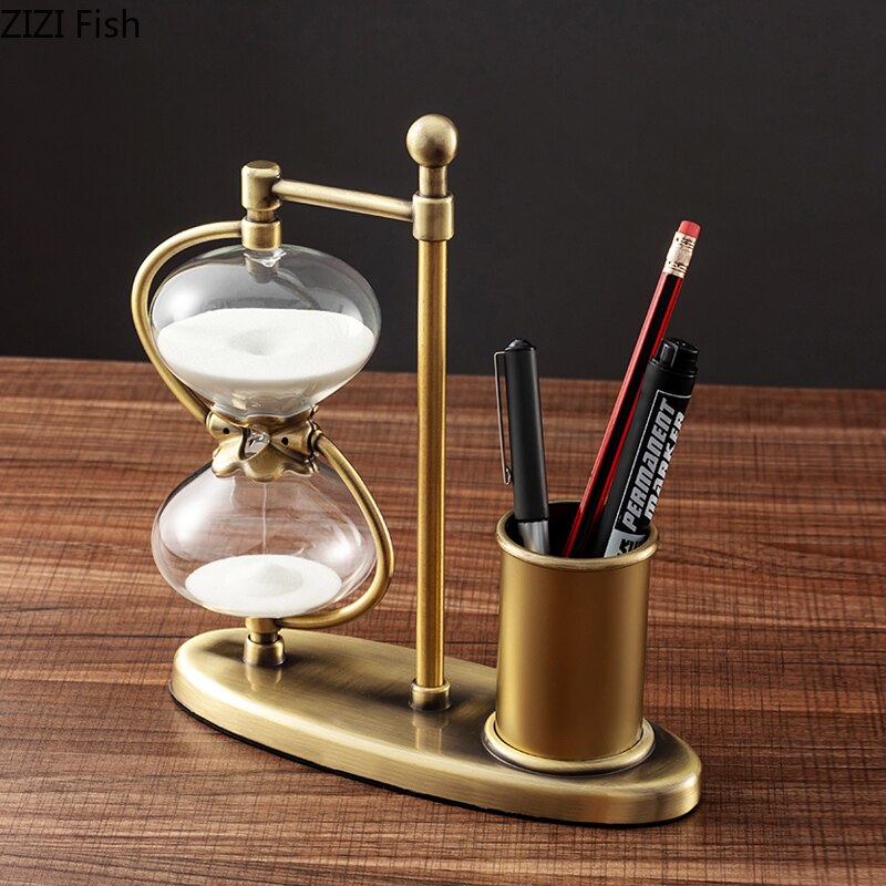 Metalglas timeglas penholder nordisk retro lille genstand opbevaringsboks desktop dekoration enkel kontor pen opbevaringsboks