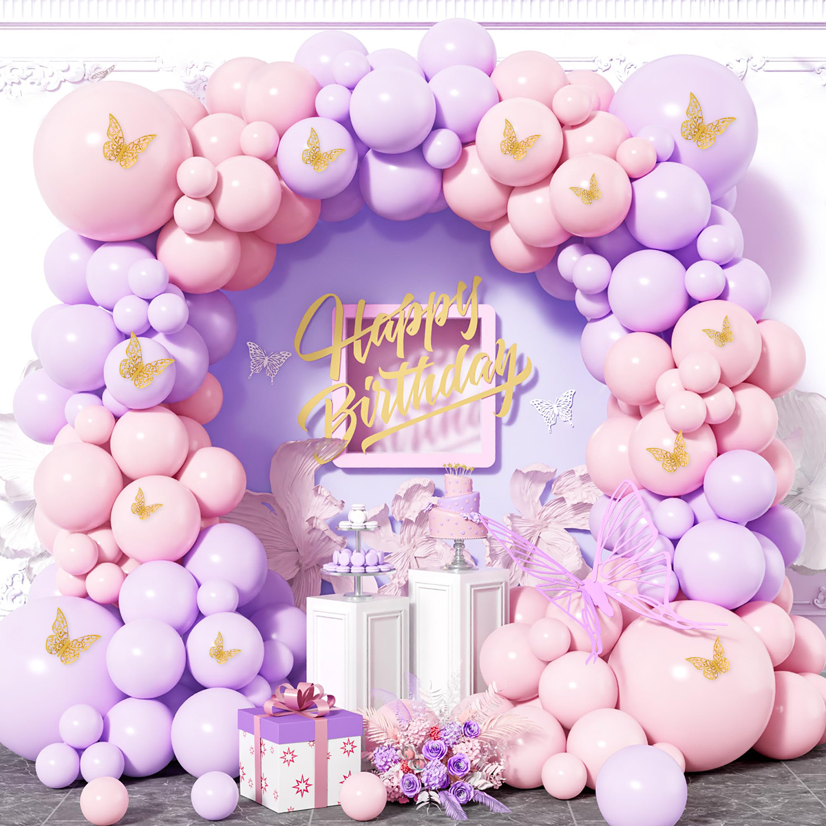 Kit de arco de guirnalda de Globos de mariposa rosa y morado, decoración para de boda, Globos para niños, confeti, Globos de látex, decoración para de bienvenida de bebé y cumpleaños