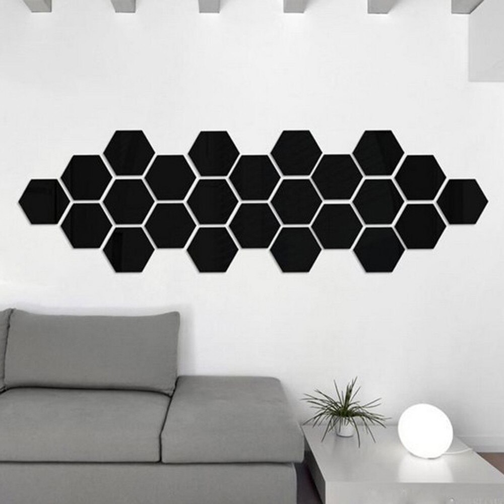 Pegatina de pared extraíble de vinilo para decoración del hogar, espejo 3D hexagonal, arte, , 12 Uds., # T: Negro