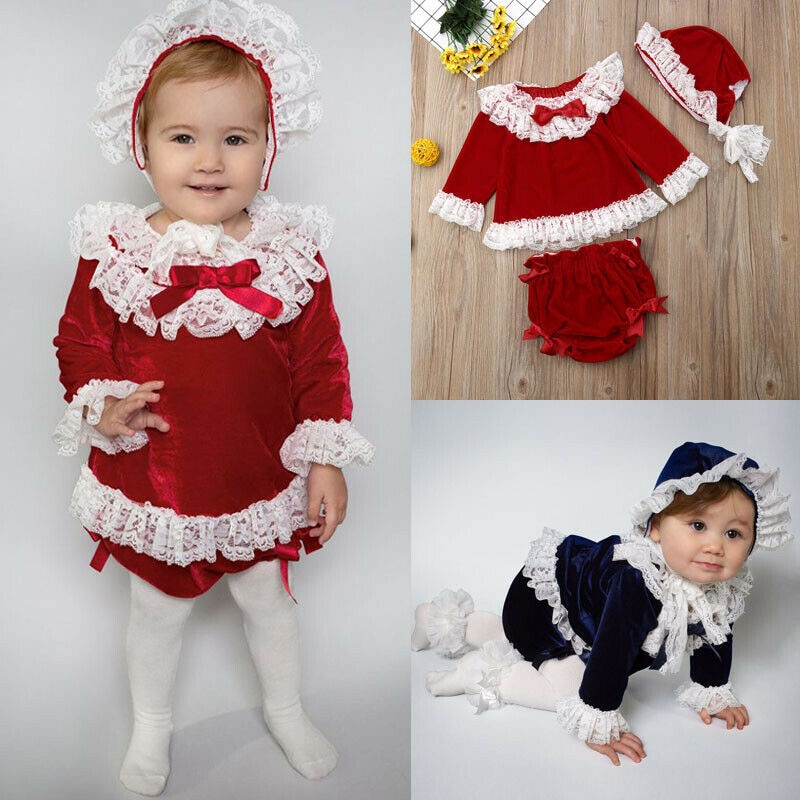 Adorable Kid Baby Girls Lace Velvet Tops Dress Pants Shorts Hat Outfit Clothes