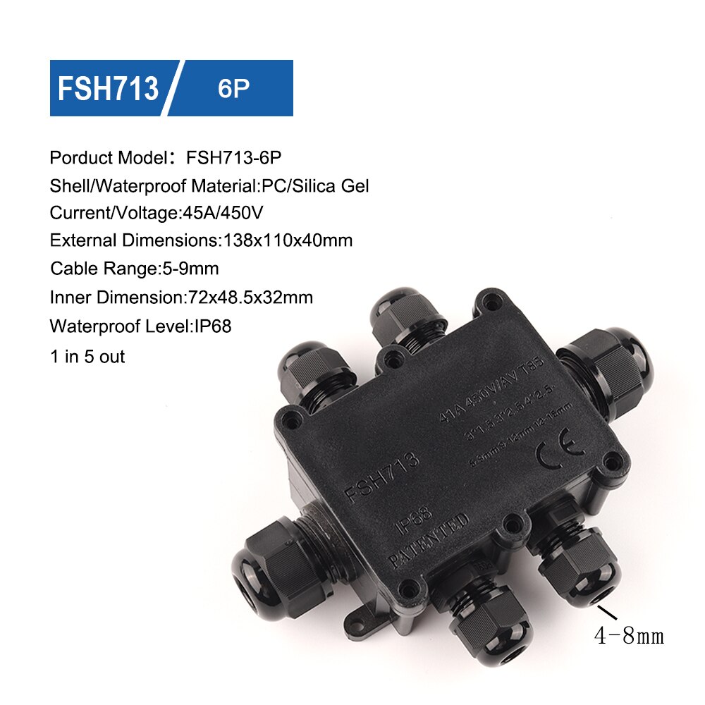 2/3/4/5/6 Way IP68 45A/450V Outdoor Waterproof Cable Connector Junction Box With Terminal Block For Wire Accessories: FSH713-6P