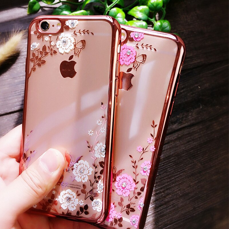 Dla iPhone 7 6S Plus 5 5S 6 przypadku Para Chic kwiat Flora Bling diament Rhinestone wyczyść miękka TPU poszycia skrzynka dla iPhone 7 przypadku