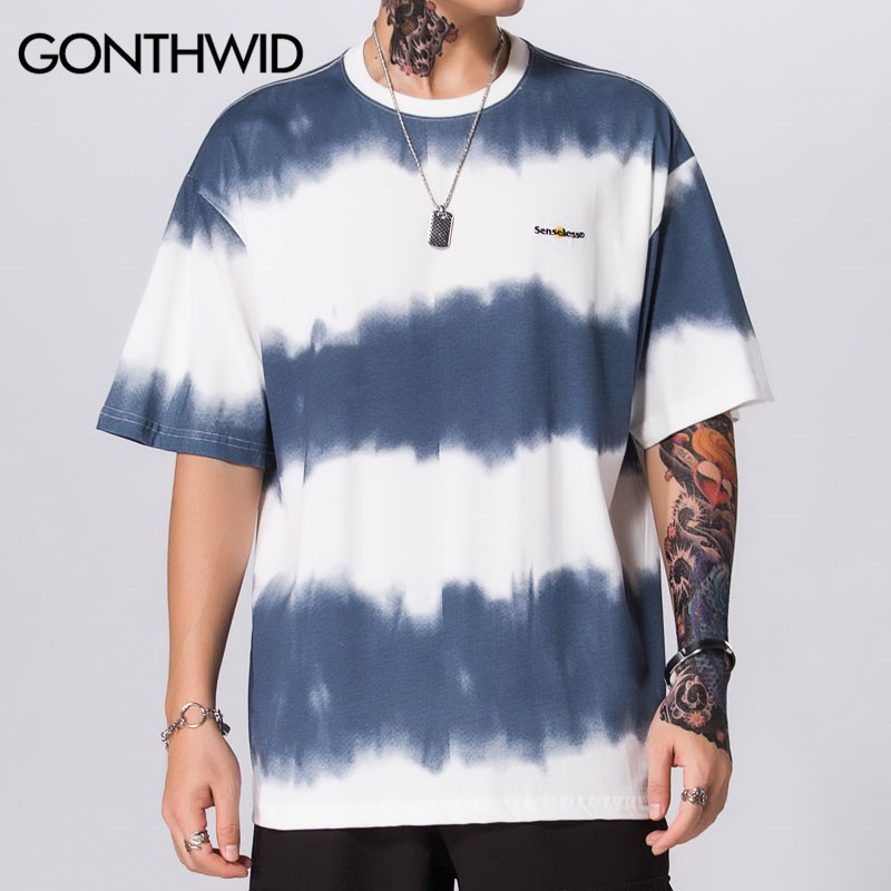 GONTHWID Tie Dye Striped Tees Shirts Summer Casual Streetwear Tshirts Harajuku Hip Hop Short Sleeve Tops Hipster T-Shirt