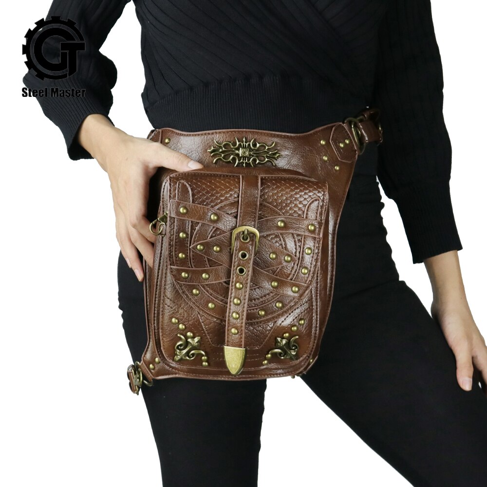 Vintage Punk Klinknagel Taille Tassen Voor Mannen Vrouwen Steampunk Bruin Lederen Crossbody Tassen Schoudertassen Reizen Casual Straat Fanny Pack