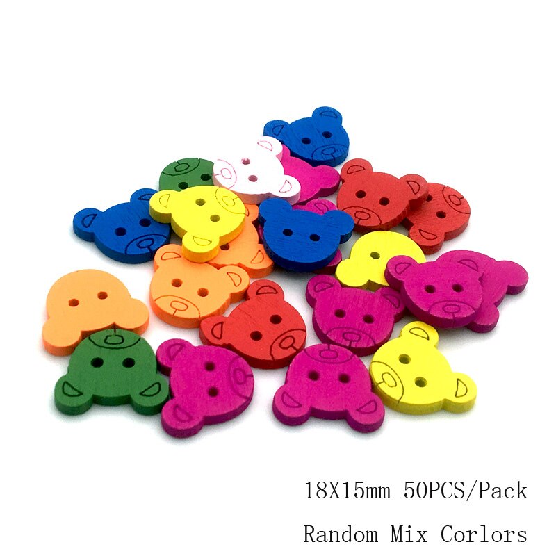 Vêtements de couture pour enfants, 50 pièces, 2/4 trous, boutons mixtes en bois, accessoires multicolores, forme mixte Animal/fleur, bricolage, Scrapbooking13-25mm: SC212  18X15mm
