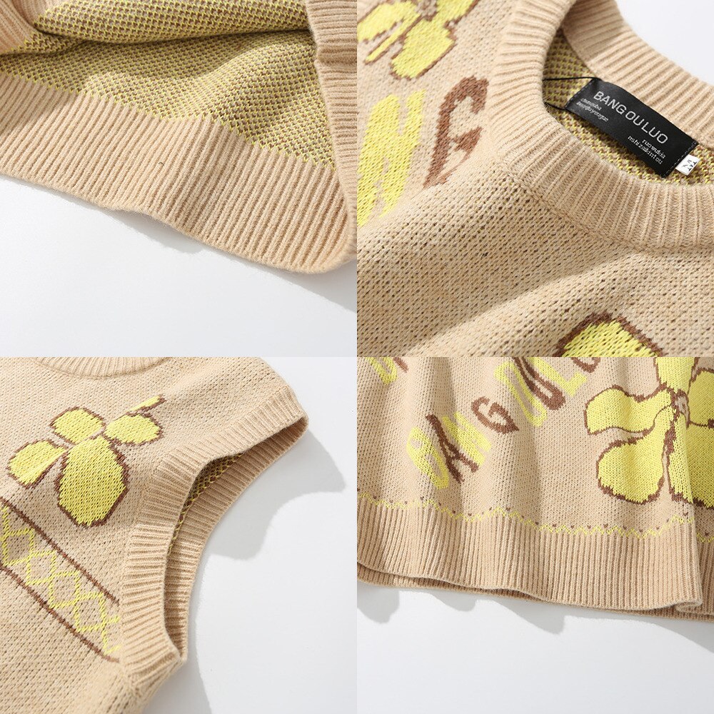 95%  bomulds vintage strik vest herre trøjer blomsterprint brun efterår jacquard ærmeløs trøje koreansk tøj