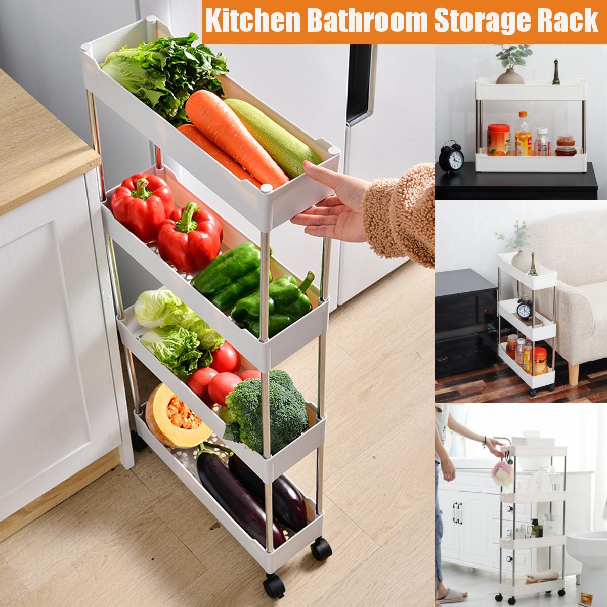 Kitchen trolley cart Bathroom Storage Rack Fridge Side Shelf Organizer Shelf Gap Holder With Wheel Removable 2/3/4 Layer