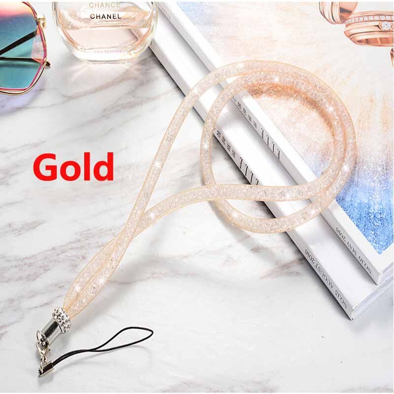 Long Rhinestone fishing net lanyard flash drill mobile phone hanging neck rope crystal diamond fishing net lanyard hanging: Gold