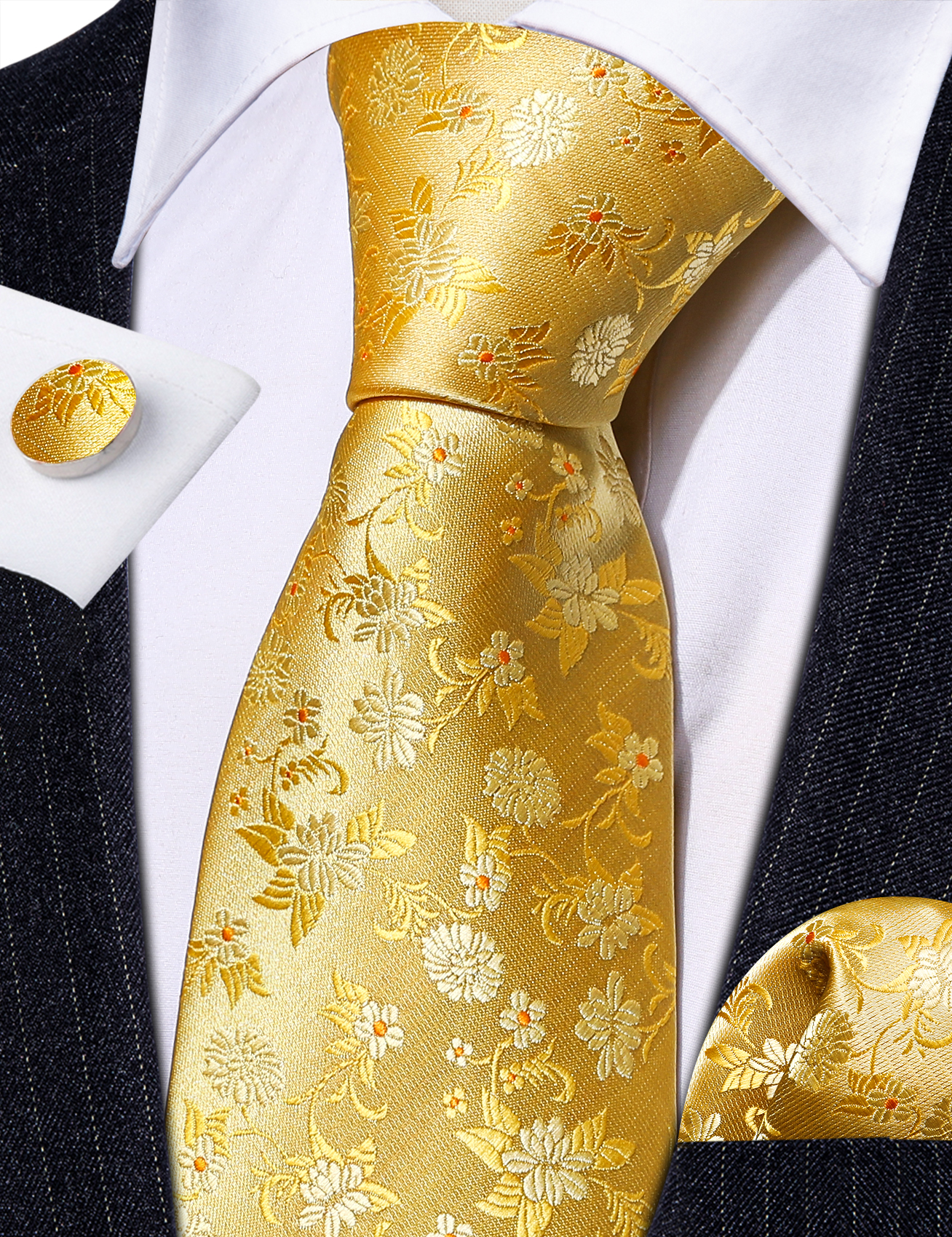 Luxury Gold Floral Ties For Men Exquisite Silk Necktie Handkerchief Cufflinks Sets Groom Wedding Business Party LN-6367