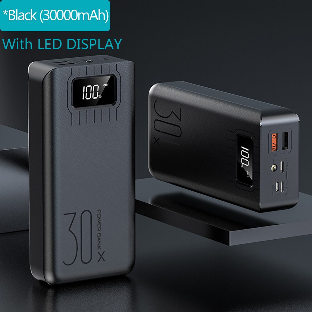 FERISING 30000mAh Power Bank LED Digital Display Dual USB External 30000 mah Pover banks Battery Portable Powerbank for Xiaomi: With LED Black