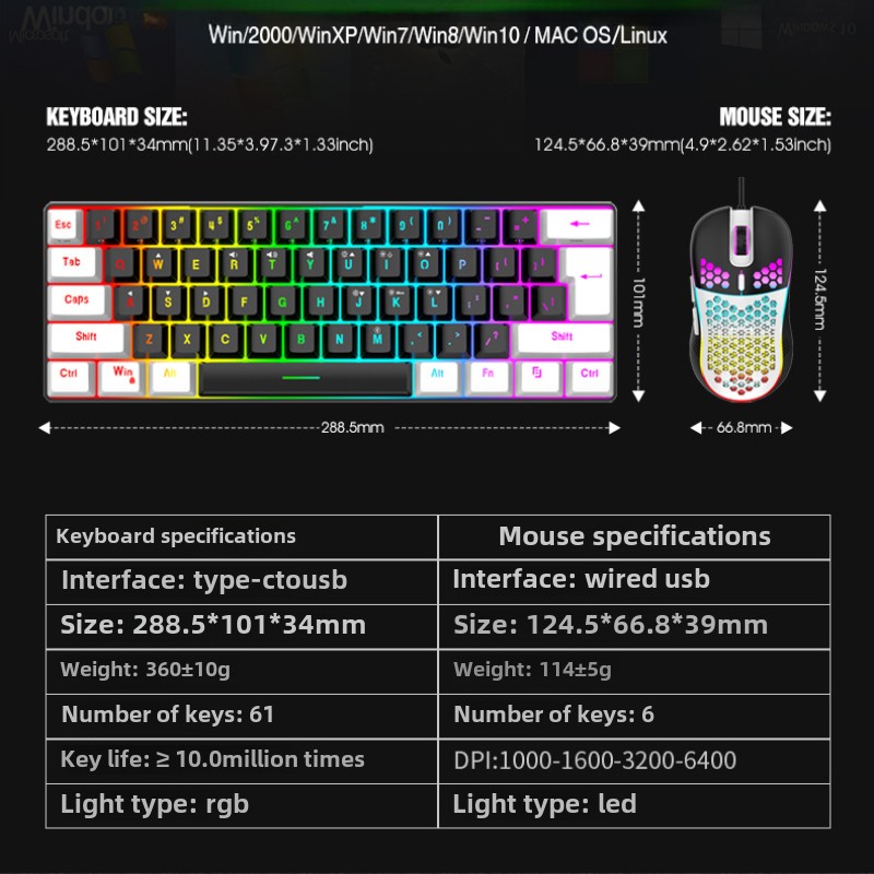 Tastatur- und Maus-Sets 60 % RGB-Gaming mit Tastaturen, Maus-Kombination, PC-Kit, Gamer, Hintergrundbeleuchtung, Mini, 61 Tasten, Computer, kabelgebundenes Set, Tastatur