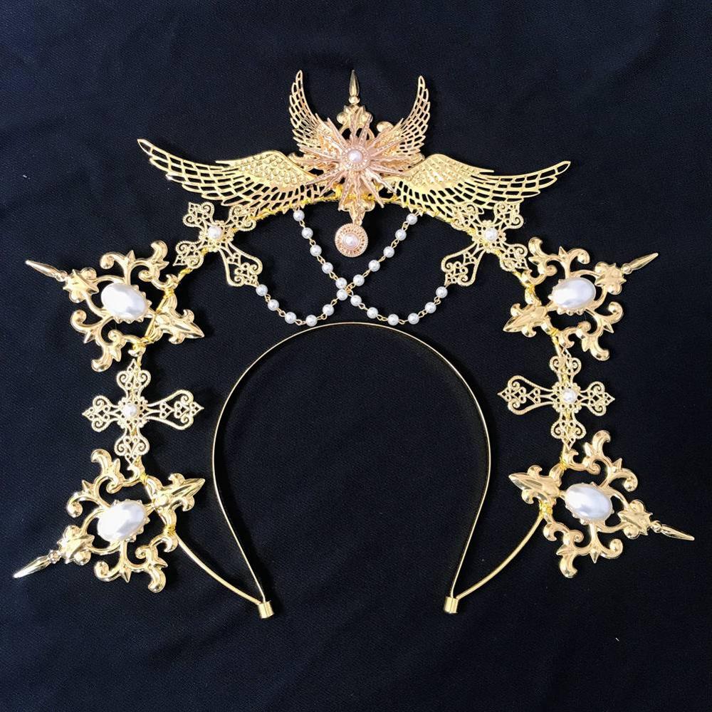 Gótico Lolita KC oro gótico Halo alas de Ángel Sun Godmother's Virgin Mary Goddess tocado de cuentas accesorios para el cabello de novia