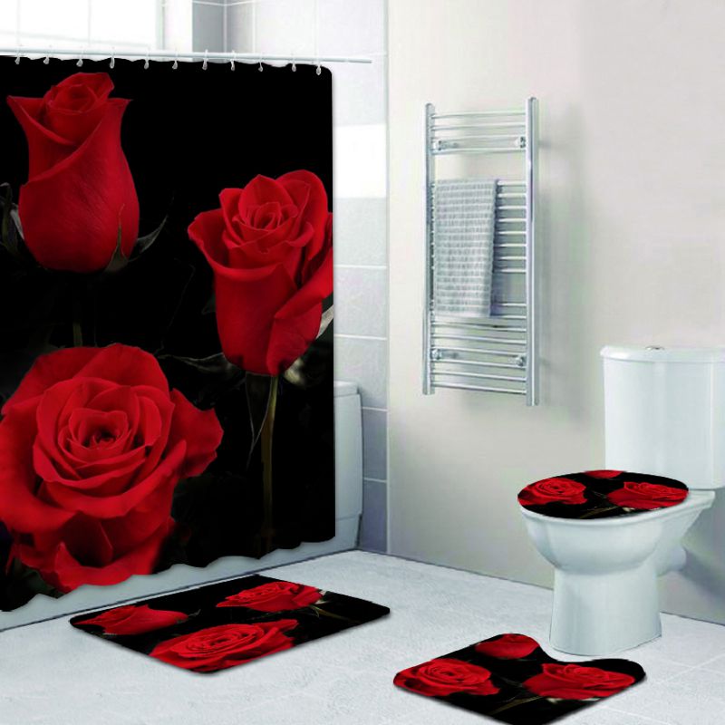 4 Stks/set 3D Digitale Valentijnsdag Romantische Stijl Afdrukken Douchegordijn Tapijt Vloermat Combinatie Badkamer Wc Mat ·