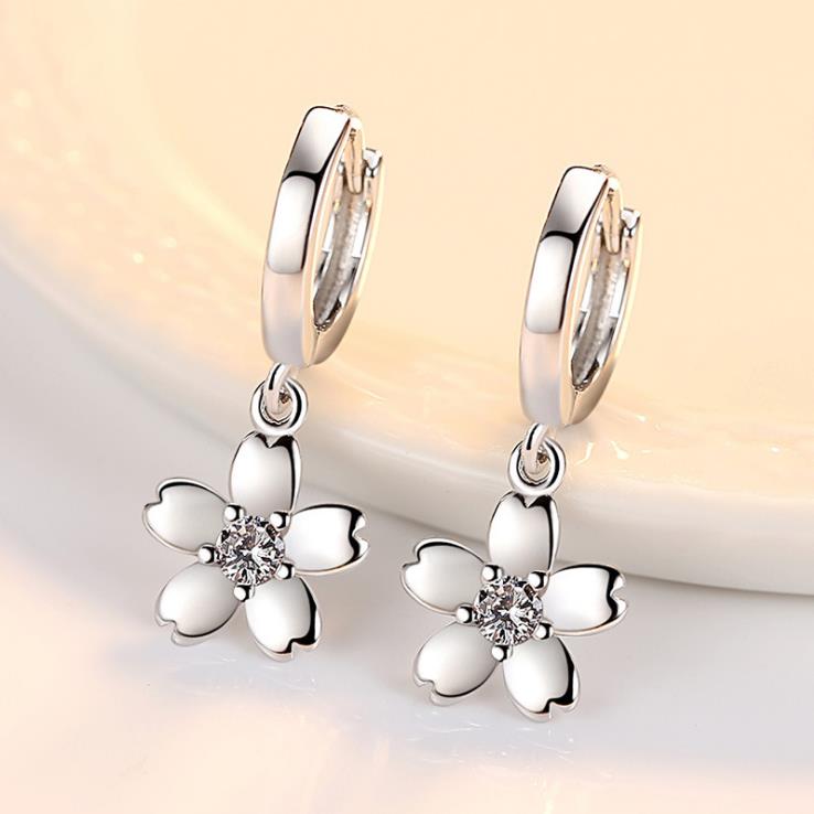 Pendientes de plata de primera ley con forma de flor de cerezo para mujer, aretes pequeños, plata esterlina 925, Circonia cúbica, zirconia, circonita, zirconita, color blanco, rosa