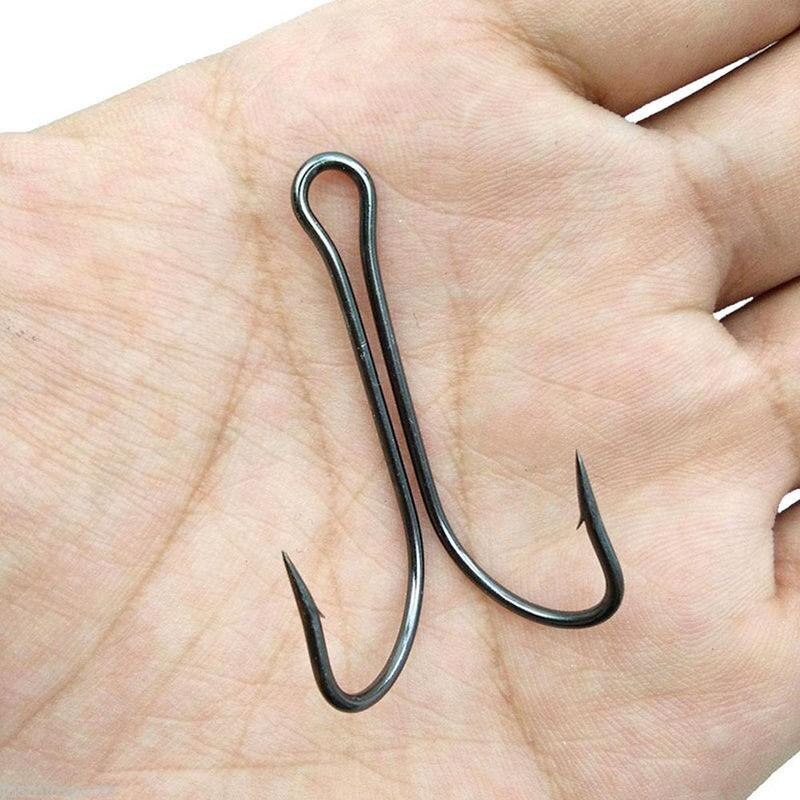 50pcs Dual Hooks High Carbon Steel Black Fishing Hooks Double Hook Saltwater Fishing Tackle Fish Hook